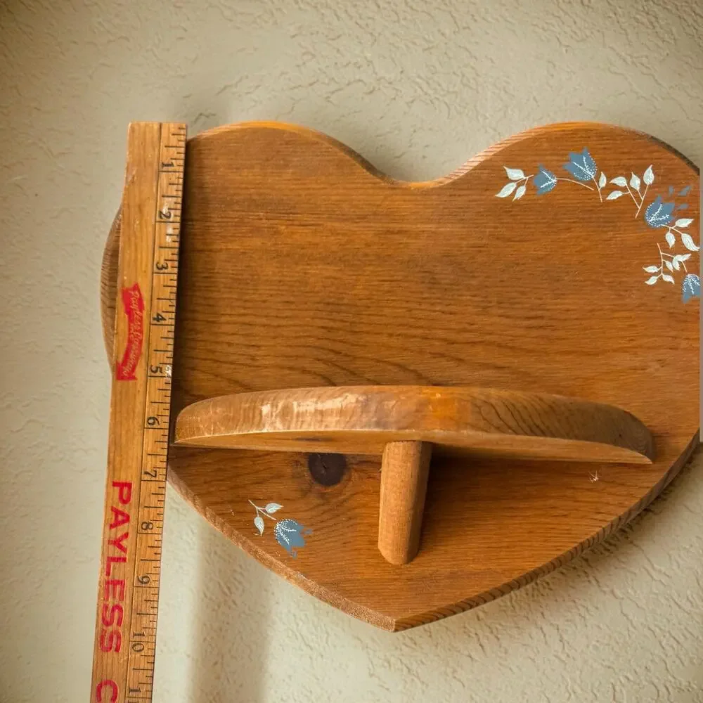 Vintage Wood Heart Wall Shelf Blue Tulip Stencil 1980s Country Cottage Folk Art